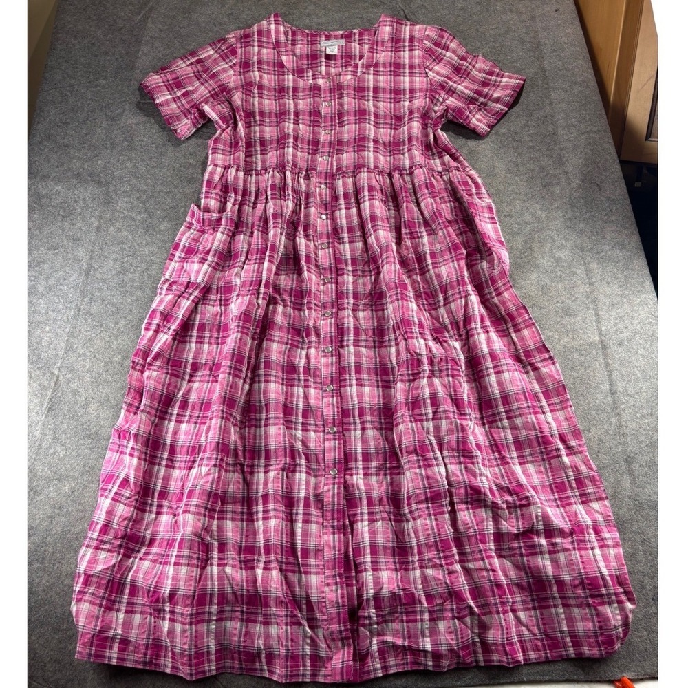 Woman Within Pink Plaid Cotton Button Front Maxi Dress Pocket 18/20 Boho Prairie